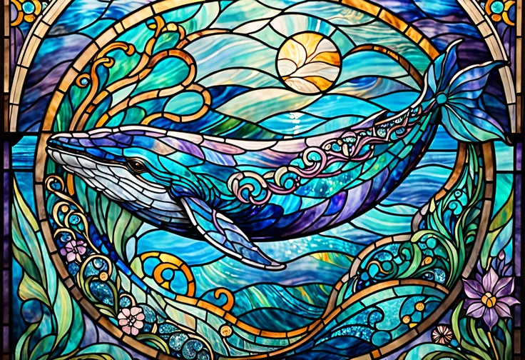 A close up of a stained glass picture of a beautiful whale gracefully swimming, Vector art by Meredith Dillman, Shutterstock, Art Nouveau, Cthulhu-inspired, anthropomorphic whale, whale goddess, stained glass art, vibrant oceanic hues, leviathan-inspired f...