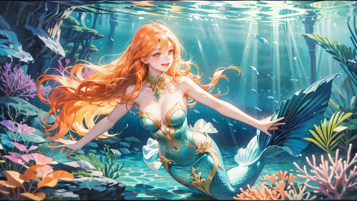 ultra-high-definition, photorealistic, full-body shot of a female mermaid underwater, entire body visible from the top of her head to the tip of her mermaid tail, gracefully dancing in the water with her arms outstretched and her tail moving fluidly, smili...