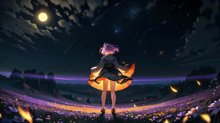 Vast landscape photo, (viewed from below, the sky is above and the open field is below), a girl standing on a flower field looking up, (full moon: 1.2), (meteor: 0.9), (nebula: 1.3), distant mountains , Trees BREAK Crafting Art, (Warm Light: 1.2), (Firefli...