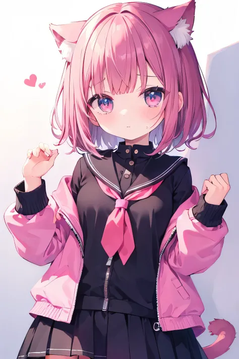    oversized jacket 、Pink no shortcut hair   、 Wearing a collar 、  elementary school girl、,首輪とリードをつけた  elementary school girl、So beautiful、輝く瞳 、輝く瞳、   1 girl、 small breasts、Cat ears   elementary school girl、So beautiful、輝く瞳 、輝く瞳、1 person、cat ears、((((( )))...