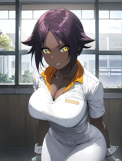 1girl, anime, illustration, class room, Shihouin Yoruichi, detailed face, purple hair, perfect yellow eyes, cleavage, wearing flight attendentl uniform , white shirt, skirt, panty,  tight fitting ,cosplay , full length view, masterpiece, 8k, hd quality,top...