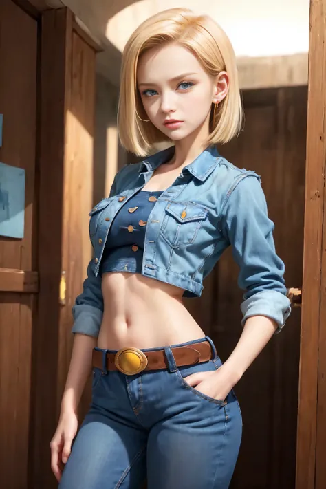 (masterpiece, best quality), 1girl, beautiful face, beautiful body,  android18, earrings, denim, belt