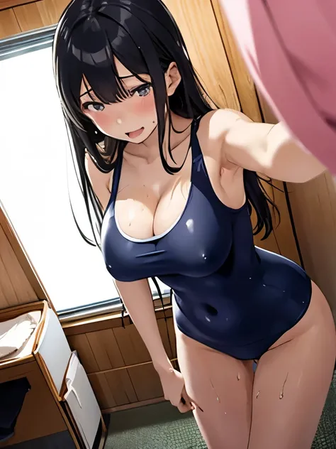 nsfw, beautiful girl、 High School Girls 、Wet Black Hair 、 looks embarrassed、、 navy blue school swimsuit、Large breast body type、 very large breasts、Dark changing room in Japanese school、Dark changing room、sweat、 water drop、  after erotic vibe 、  lower the o...