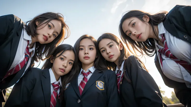 (( super high quality 、 high definition 、masterpiece、 anatomically correct、Super detailed photos、 ultra-realistic pictures 、 Max Image))、(3girls)、group photo、looking at viewer、((from below:1.2))、A woman looking down at a viewer:1.3、((school uniform))、foc...