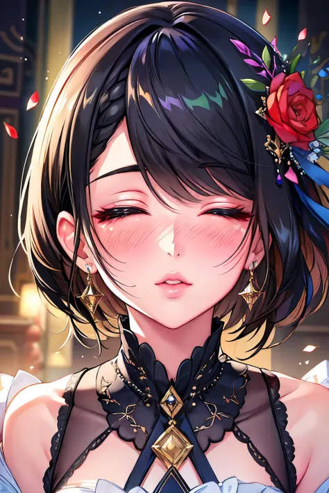 High Resolution, Accurate, Anatomically Correct, Best Quality, Detail, HD, High Details, High Quality, Super Detailed, Textured Skin, Short Hair, Black Hair, Braid, Breasts, Earrings, Blush, Parted Lips, Makeup, Nose Blush, Heavy Breathing, Light Blush, Gl...