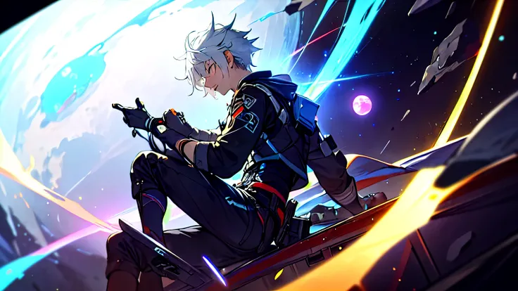 best quality, masterpiece, young male climber, sitting, suffering, on a platform in floating asteroid belt, surrounded by several asteroids glowing with aura, a big earth-like planet behind, dynamic lightning, cowboy shot, white hair