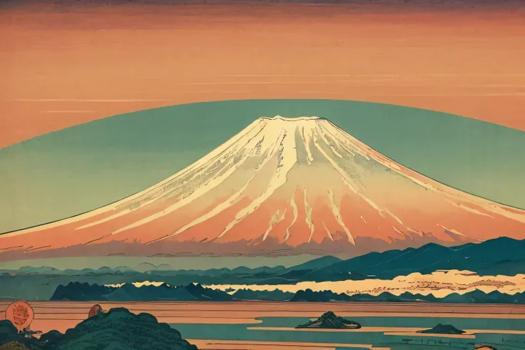 I have a picture of the mountain 、 I can see the red sky , mount Fuji background, mount Fuji on the background, mount Fuji,  m . Fuji, mountain Fuji on the background, Utagawa Hiroshige, Japanese Art Style ,  Woodcut by -e , watermark:-1, Ukiyo-e style, mo...