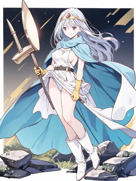  top quality, , _(dq3),  one girl , (holding staff, staff:1.3), Alone,  long hair,  blue hair,  circlets, red eyes, Normal Breasts, YELLOW GLOVES , white dress,  belt bag , Cape,  long boots,  clevis on a stone,  shoulder out, underwear,  Standing , whole ...