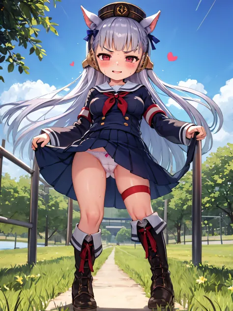 blue sky、grassland、nature、 ( top quality:1.2), Alone,  1 girl, umpd gold ship,[Hat type, V-shaped eyebrows,  sailor suit、 skirt、 boots,  、 Kindergarten Mother、、、 s、 sの小さな体、blush、smile、 glaring at a large amount of love liquid 、 nipples can be seen through、...