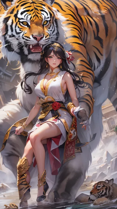 (( top quality)),( super high resolution ),( super detailed),( detailed description ),(( best CG )),( Best Artwork ), Ultra Precision Art, amazing painting art,(Exquisite art:1.5),  China Dress , woman, Boxing,  dynamic range ,  action scene, Tiger, dragon...