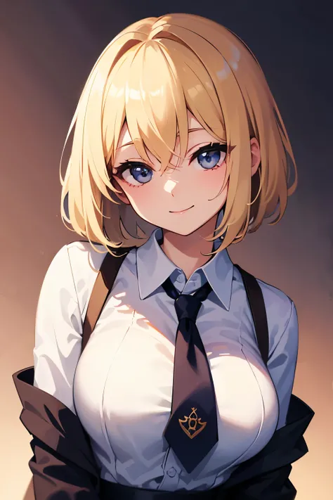 1girl in、 A smile、Blonde、cute、 The body is facing forward、Eyes looking straight ahead、whole body、Beautiful breasts、 mash hair、ワイ shirt、 shirt、 ties、bowl cut