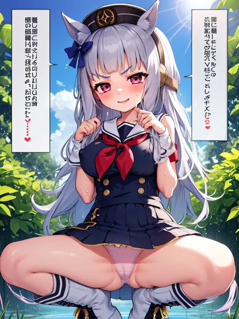 blue sky、grassland、nature、 ( top quality:1.2), Alone,  1 girl, umpd gold ship,[Hat type, V-shaped eyebrows,  sailor suit、 skirt、 boots,  、 Kindergarten Mother、、、 s、 sの小さな体、blush、smile、 glaring at a large amount of love liquid 、 nipples can be seen through、...