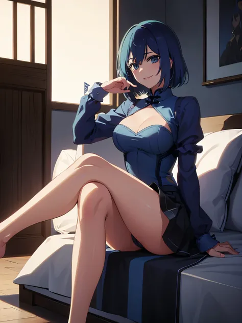 masterpiece, top quality, Ultra_resolution,  very detailed,  1 girl,  blue hair,  medium hair,  gradient hair, medium breasts,  bed, Ferocious Smile, Provoke, Evil female executive,  Chinese clothes , Crossed legs, Thin, beautiful legs 