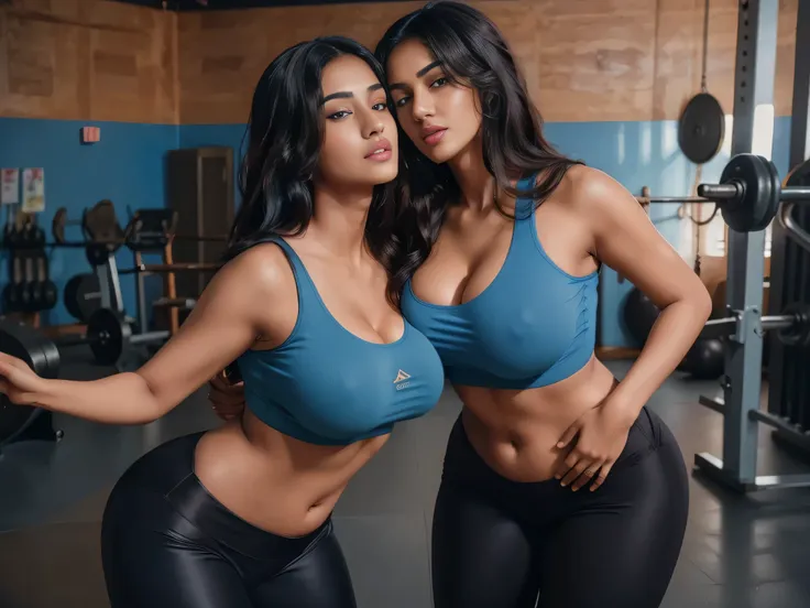  A photorealastic  lesbian Two very hot indian women wearing tight yoga pants standing nose to nose in gym very big breast curvy figure big ass hugging tightly each other detailed eyes detailed long black hair detailed lips light makeup blue eyes long clev...