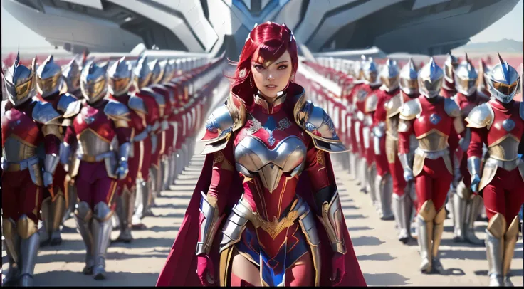 a close up of a woman in a red and gold costume standing in front of a group of people, fuchsia skin beneath the armor, streamlined blue armor, slick blue armor, fuchsia skin below the armor, shining blue armor, power rangers film, 