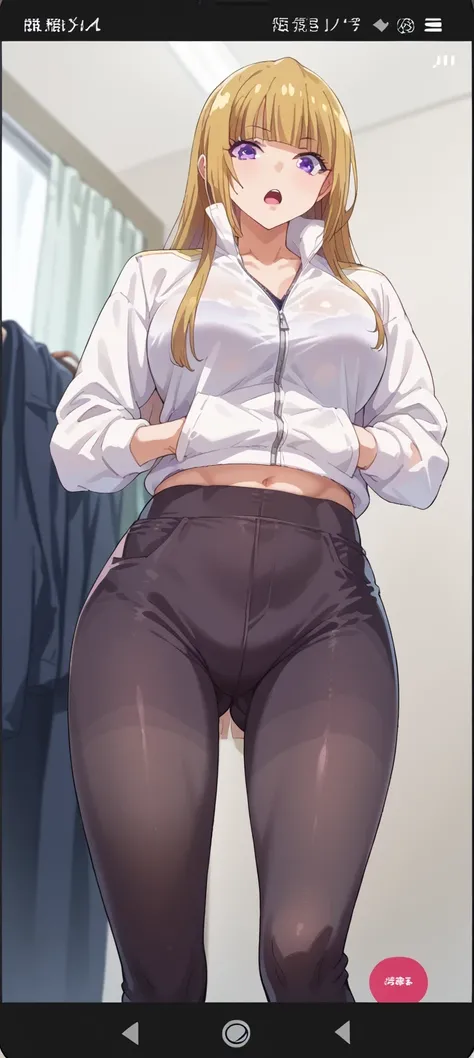 Tall female, fit girl, score_9, score_8_up, score_7_up, source_anime, 
keikaruizawa, kei karuizawa, long hair, bangs, blunt bangs, purple eyes, blonde hair, large breast,1girl, blonde_hair, solo, hands_in_pockets, long_hair, phone_screen, open_mouth, looki...