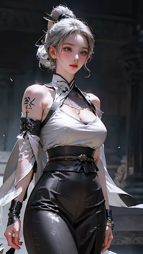 Grey Hair, whole body,Big Breasts,  top quality,woman,Alone,((  Masterpiece )), ((  top quality)), (  super detailed ), ((  very detailed)), 4K, (8k),  top quality, 緑の目をしたwoman, Japanese tattoo sleeve on right arm ,  samurai armor  ,  wear armor ,  softwar...