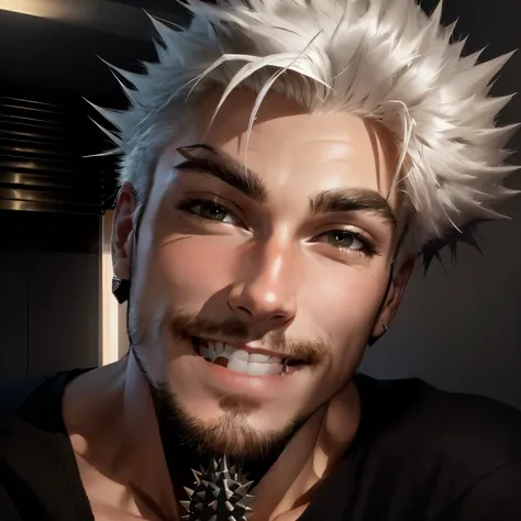 smiling man with spiky hair and a black shirt in a bedroom