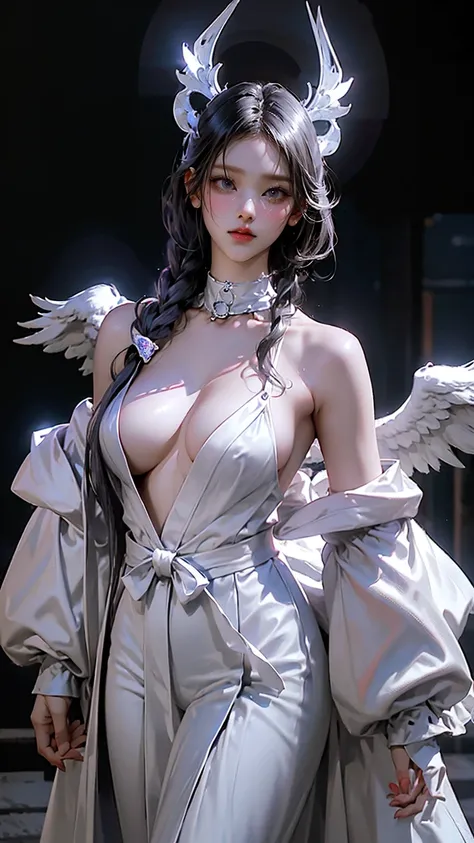 top quality、​masterpiece、  super high resolution、(  Photorealistic:1.4)、  RAW photo 、Battle Cyborg Angel  、 Big metal wings 、white porcelain body  、  acrylic transparent cover  、Gray Hair、 pubic skin 、1 Cyborg Girl、((  super realistic details  ))、  Portrai...