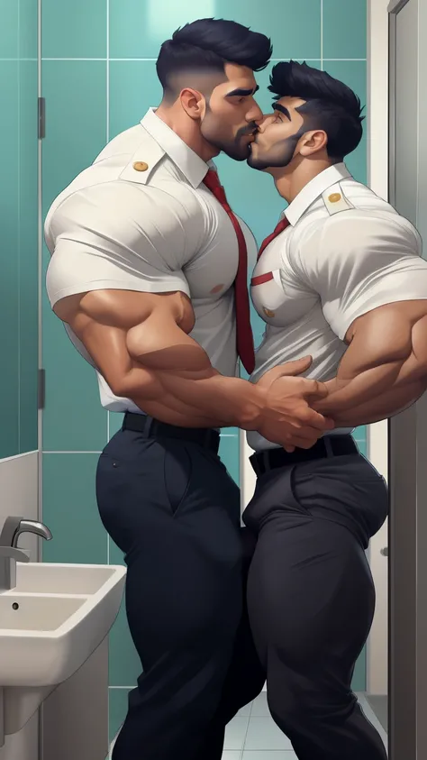 masterpiece, handsome indian, clear face and eyes, best quality, muscular, bara, 20 years old indian hairy body tall male doing kissing with his 18 years short length school boyfriend, front opened school uniform shirt with schoo uniform trouser,long bangs...