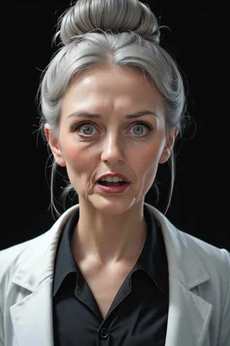 score_9, score_8_up, score_7_up, solo, gray haired woman, black background, elderly, lab coat_blackshirt_highneck, professional hairbun, carrie underwood, front view_facingviewer, blushing,, large dark eyes, flatchest, eyes wide in shock, surprised gasp,
