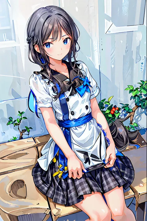 ( s)， top quality，  Beautiful Faces in Every Detail  ，cute， dark brown eyes，(背の低いcute女の子，Young student，Young and delicate girl）,（masterpiece， top quality)， black hair， sleepy look after intercourse， short-sleeved white shirt ，Checkered white skirt，Pathetic...