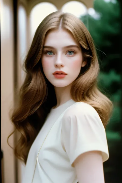 very beautiful dreamy girl, supermodel face, beautiful Hair with highlights, 1991 quiet luxury fashion style, mansion background, pale skin, film analog, grainy film, prada