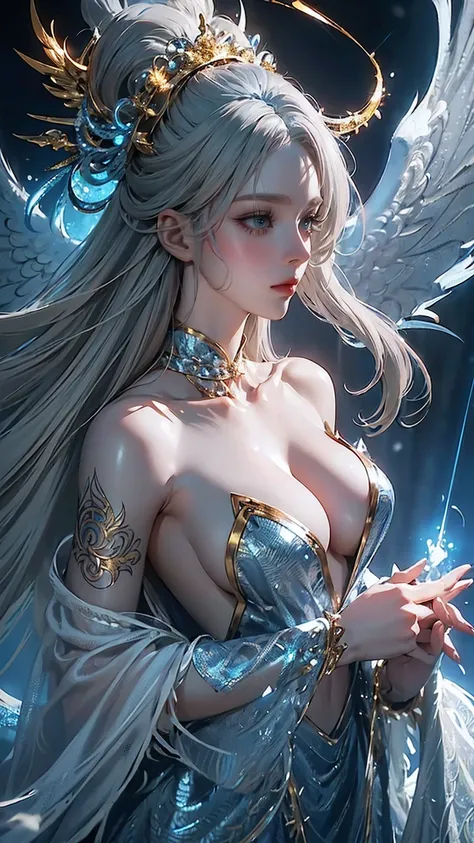 (  full body shot ),(Big Breasts),((  abs are pretty sharp  )), ((((Grey Hair))),  detailed portrait of an adult woman in a dark fantasy setting , Light blue eyes that Inanate a sense of danger [  Details Eye  , Light blue:1.1], [Black Leather Look], adorn...