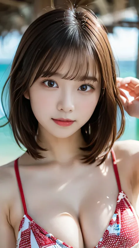 (masterpiece:1.2, top quality),  blur the background  , one young woman ,(( cute patterned little bikini)),(Big Breasts),((Chest to Chest)),(( sexy pose to hide over there)),Black wavy hair,(( BEAUTIFUL AND BEAUTIFUL EYES )),Blushed, HEALTHY SKIN, observe ...