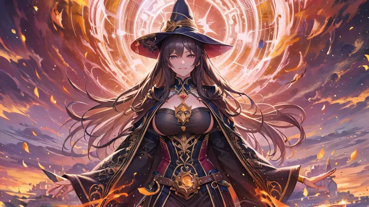 (( top quality)),( super high resolution ),( super detailed),( detailed description ),(( best CG )),( Best Artwork ), Ultra Precision Art, amazing painting art,(Exquisite art:1.5), witch, smile, The magic circle that spews fire,  action scene, plasma, Burs...