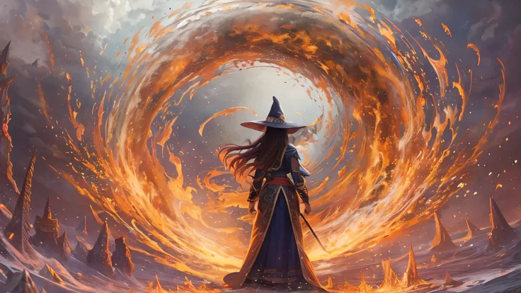 (( top quality)),( super high resolution ),( super detailed),( detailed description ),(( best CG )),( Best Artwork ), Ultra Precision Art, amazing painting art,(Exquisite art:1.5), witch, smile, The magic circle that spews fire,  action scene, plasma, Burs...