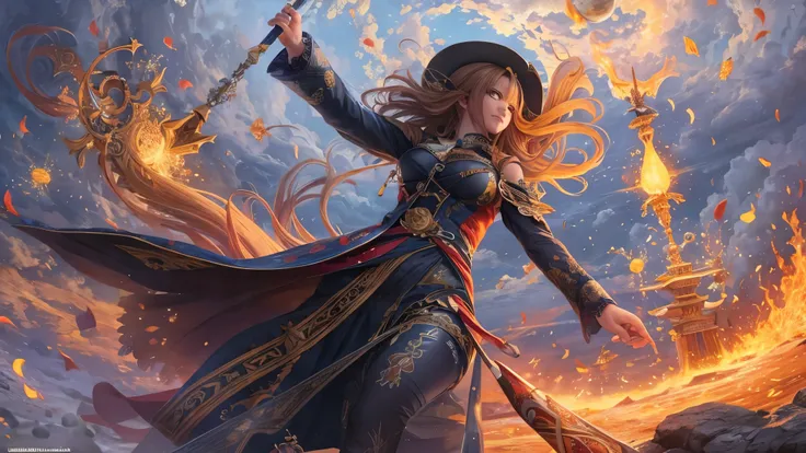 (( top quality)),( super high resolution ),( super detailed),( detailed description ),(( best CG )),( Best Artwork ), Ultra Precision Art, amazing painting art,(Exquisite art:1.5), witch, smile, The magic circle that spews fire,  action scene, plasma, Burs...