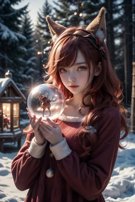 A girl dressed in Santa Claus holding a snow globe, red haired, bob hair, crystal colored reindeer in the snow, next to it, a pile of Christmas gifts