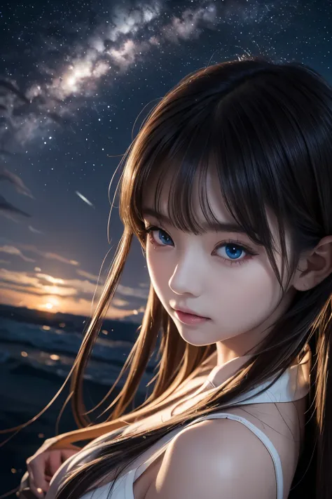  1 girl, eye,  close,  A Beautiful Night Sky , Meteor Shower, Beyond the Clouds, Surrounded by water,  reflections , Wide Angel,  Breathtakingly Beautiful Clouds, Wide angle, Works by Makoto Xin Haicheng,  Thomas Kinkade ,  James Gileard , From holosomnial...