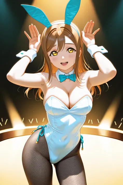 1girl, standing, contrapposto, (from ubove:0.5), looking up viewer, hands up, cleavage, cowboy shot,
BREAK girl, kunikida hanamaru, love live!, long hair, bangs, brown hair, yellow eyes, (large breasts:0.8),
beautiful eyes, beautiful face,
Playboy bunny, h...