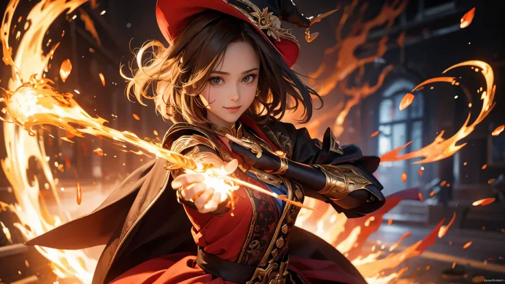 (( top quality)),( super high resolution ),( super detailed),( detailed description ),(( best CG )),( Best Artwork ), Ultra Precision Art, amazing painting art,(Exquisite art:1.5), witch, smile, The magic circle that spews fire,  action scene, plasma, Burs...