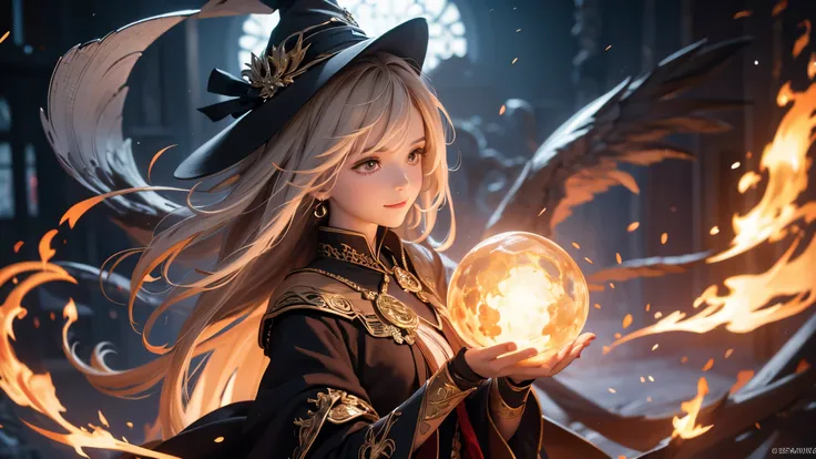 (( top quality)),( super high resolution ),( super detailed),( detailed description ),(( best CG )),( Best Artwork ), Ultra Precision Art, amazing painting art,(Exquisite art:1.5), witch, smile, The magic circle that spews fire,  action scene, plasma, Burs...