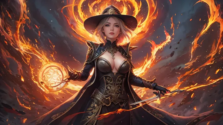 (( top quality)),( super high resolution ),( super detailed),( detailed description ),(( best CG )),( Best Artwork ), Ultra Precision Art, amazing painting art,(Exquisite art:1.5), witch, smile, The magic circle that spews fire,  action scene, plasma, Burs...