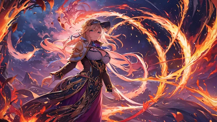 (( top quality)),( super high resolution ),( super detailed),( detailed description ),(( best CG )),( Best Artwork ), Ultra Precision Art, amazing painting art,(Exquisite art:1.5), witch, smile, The magic circle that spews fire,  action scene, plasma, Burs...