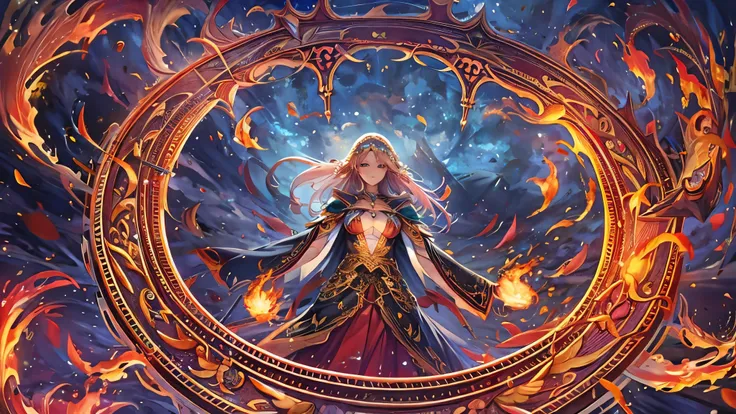 (( top quality)),( super high resolution ),( super detailed),( detailed description ),(( best CG )),( Best Artwork ), Ultra Precision Art, amazing painting art,(Exquisite art:1.5), witch, smile, The magic circle that spews fire,  action scene, plasma, Burs...