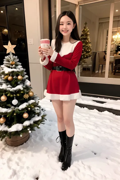 Standing at an outdoor Christmas party with no one else、snow、 Christmas tree、1 person、  Japanese、  really cute girl 、  Santa Cosplay、  miniskirt、Beautiful dark hair with long hair 、 Beautiful thin hands and feet、 smile、Full body portrait