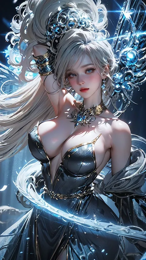 (  full body shot ),(Big Breasts),((  abs are pretty sharp  )), ((((Grey Hair))),  detailed portrait of an adult woman in a dark fantasy setting , Light blue eyes that Inanate a sense of danger [  Details Eye  , Light blue:1.1], [Black Leather Look], adorn...