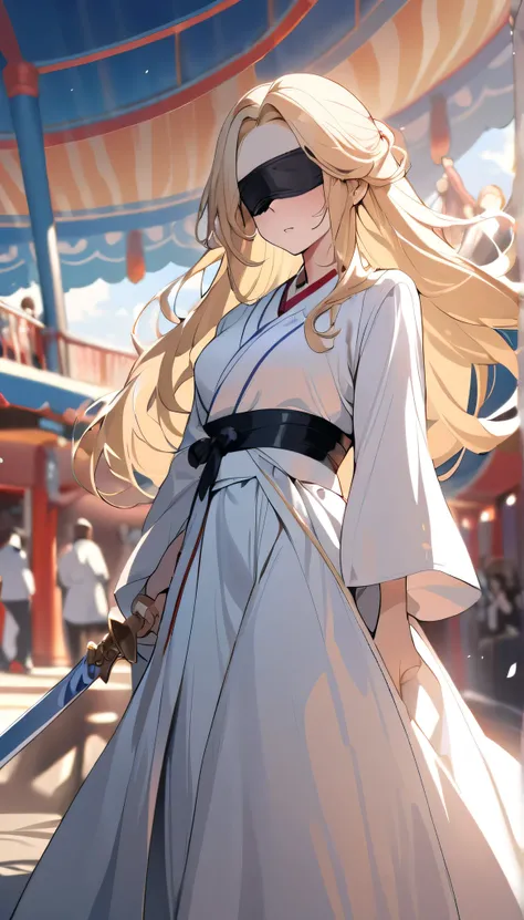 masterpiece, best quality, very aesthetic, absurdres, 1girl, mature_lady,white_clothes,miko_clothes,,sword_maiden, long hair,blonde, black_blindfold,,in an amusement_park,floating_hair,