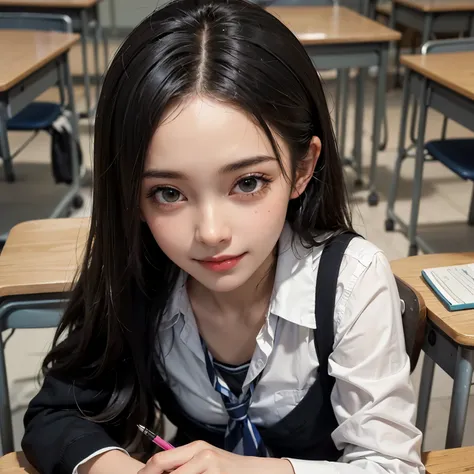 ((masterpiece)), ((best quality)), ((ultra-detailed)),((hyperrealistic)),(cute girl),(shiny skin),(black hair),long hair,forehead,(plain forehead),(black eyes,tareme,droopy eyes),(small breasts.slenderbody),,school uniform, school classroom,desk,smile,sitt...