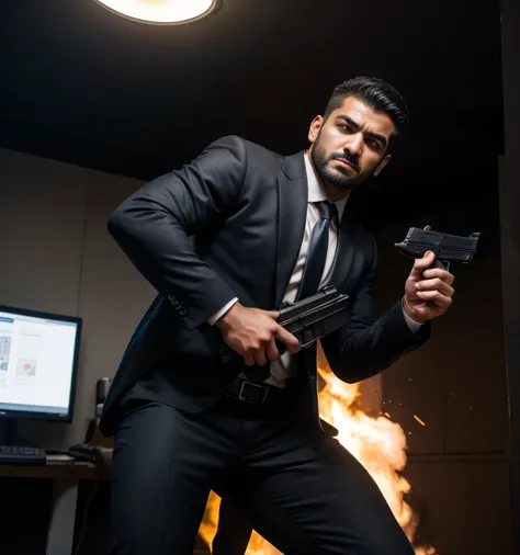 Age 27, 3 guys,、Iraqi handsome men。 black suit、salaryman、Shootout in the surveillance room 、Carrying a handgun 、Cool fighting pose,,Muscular , short shorthair 　 looking at camera、　Menacing look　View from below　Its exploding in the back　 get down on your kn...