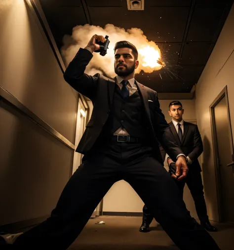 Age 27, 3 guys,、Iraqi handsome men。 black suit、salaryman、Shootout in the surveillance room 、Carrying a handgun 、Cool fighting pose,,Muscular , short shorthair 　 looking at camera、　Menacing look　View from below　Its exploding in the back　 get down on your kn...