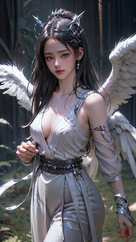  top quality、​masterpiece、  super high resolution、(  Photorealistic:1.4)、  RAW photo 、Battle Cyborg Angel  、 Big metal wings 、white porcelain body  、  acrylic transparent cover  、Gray Hair、 pubic skin 、1 Cyborg Girl、((   super realistic details  ))、  Portr...