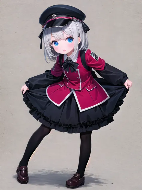 A cute cheeky elementary school girl with silver hair in uniform full body