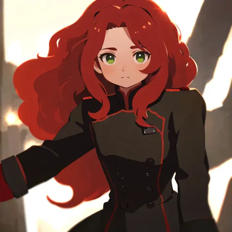 1girl, red hair, long hair, green eyes, black military uniform, german military uniform, highly detailed, photorealistic, hyper detailed, masterpiece, 8k, ultra-detailed, realistic, cinematic lighting, dramatic lighting, high contrast, rich colors, vibrant...