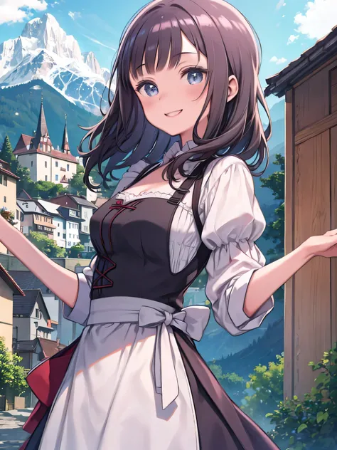 A woman wearing a dirndl、 cute、The Alps、 smiling、 upper body、